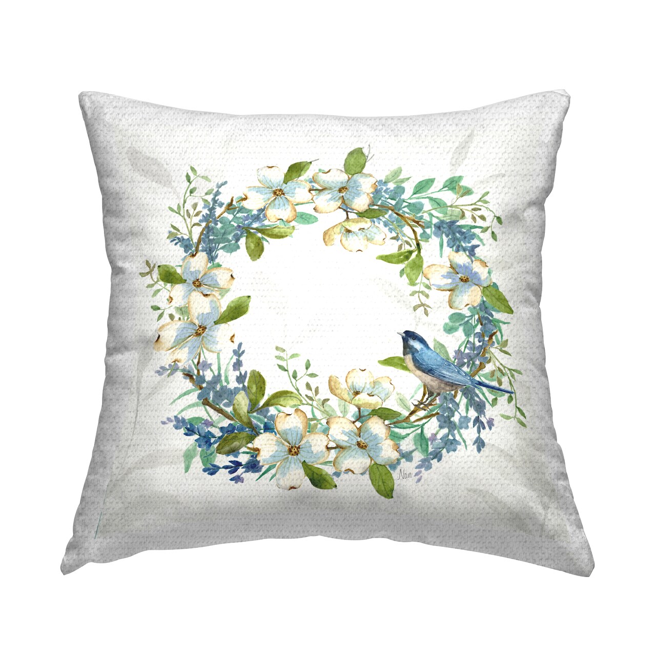Dogwood Wreath & Bluebirds Outdoor Printed Pillow Design by Nan, 18 x 7 x 18